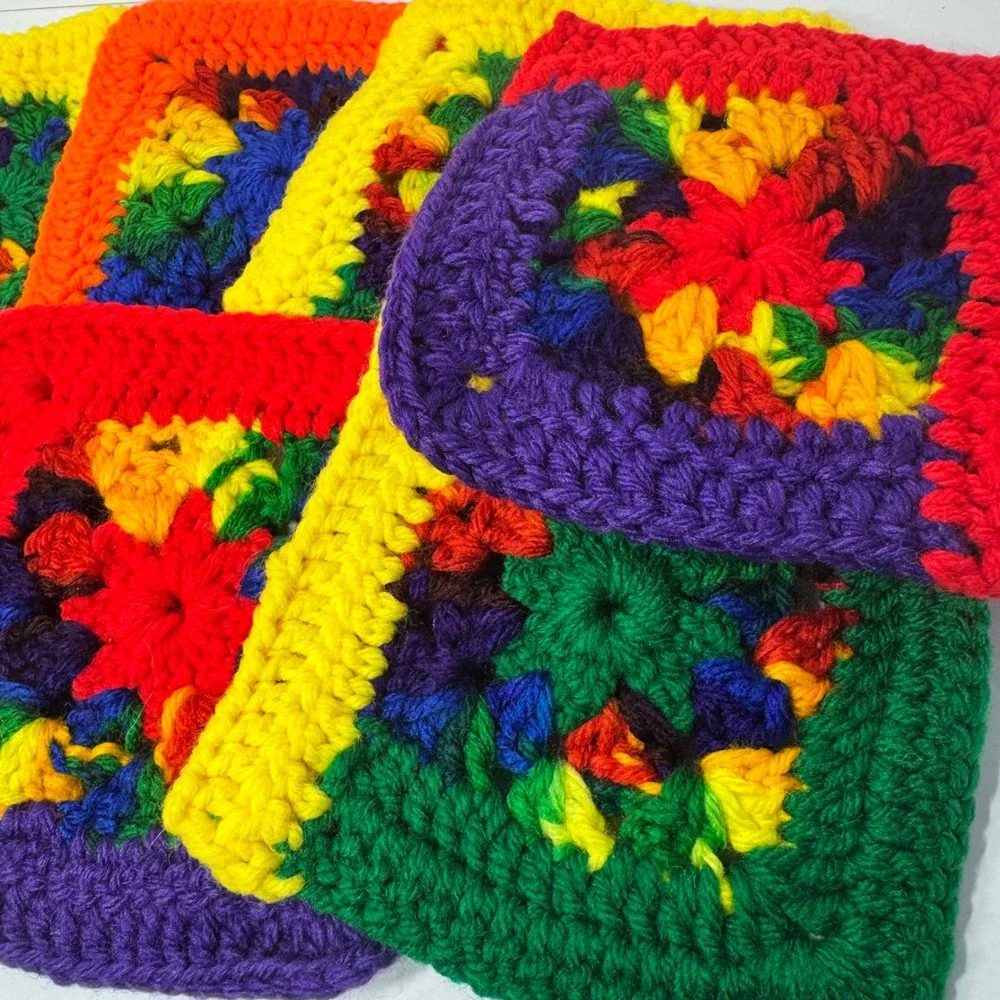 Handmade Rainbow‎ Crochet Coaster Granny Squares Set of 6 Multicolor Boho Craft